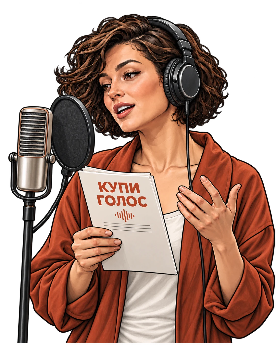 Иллюстрация актрисы озвучивания: в наушниках у студийного микрофона, со сценарием «Купи Голос».